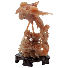 Vintage Carved Xiuyan Jade Phoenix Bird Sculpture on Wood Stand