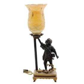 Antique Japanese Meiji Bronze Boy Lamp with Lustre Art Shade
