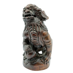 Antique Chinese Foo Dog Guardian Lion - Hand Carved Wood Sculpture - 9 Inches Tall