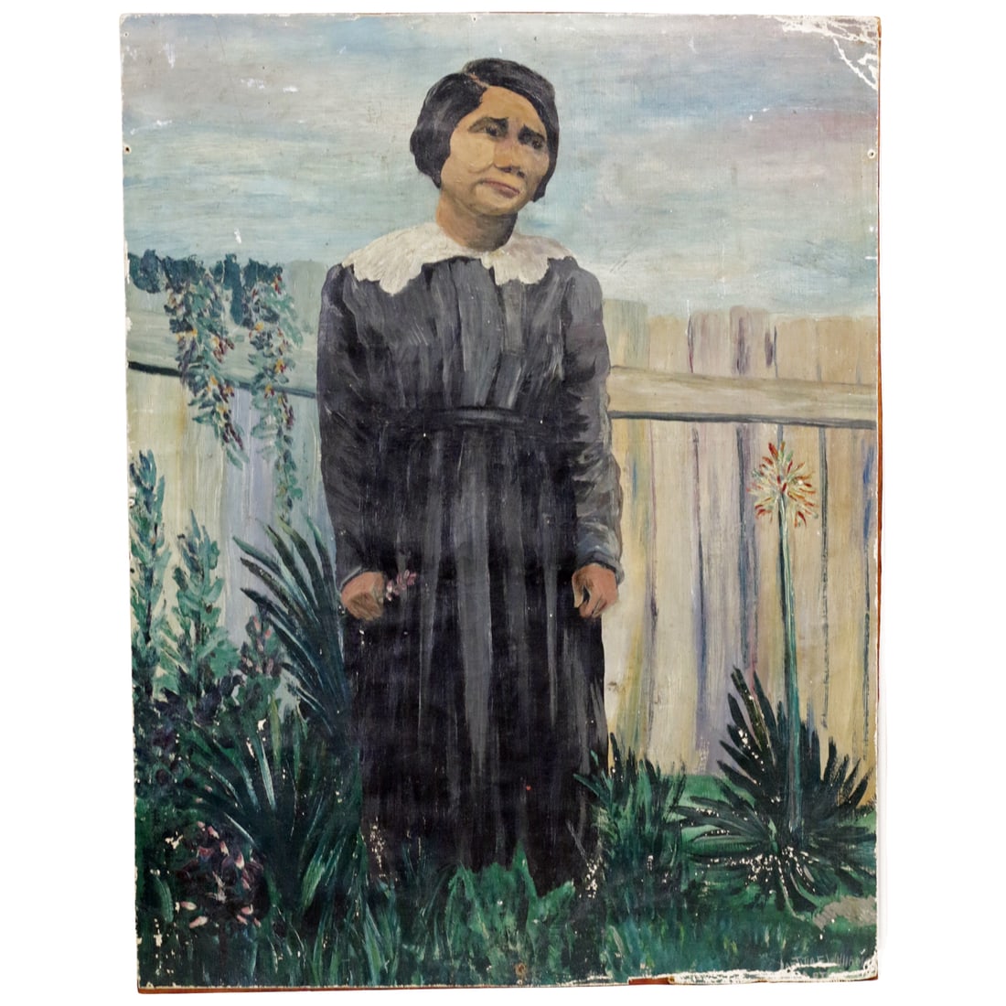 Vintage Folk Portrait Painting by Laetitia E. Williams - Woman in Garden - c. 1920s/30s (1 of 3)