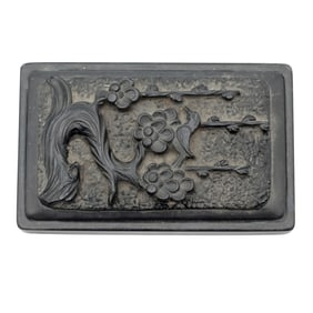 Carved Chinese Inkstone: Bird & Plum Blossom Scholar's Studio Decor