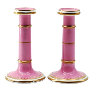 Antique Pink Old Paris Candlesticks with Gilt Trim, Pair
