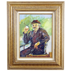 Vintage Manos Rivithis Oil Painting - Seated Man with Glass, 1981, Framed