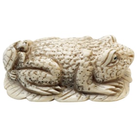 Antique Meiji Period Japanese Netsuke - Toad with Turtle on Leaf, Signed