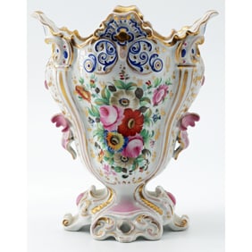 Opulent Old Paris Porcelain Vase with Hand-Painted Florals and Gilded Rococo Scrolls, c. 1830