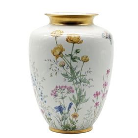 Large Mid-Century Krautheim Porcelain Vase with Hand-Painted Wildflowers & Gilt Rim