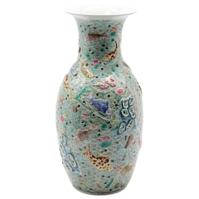 Large Antique Chinese Famille Rose Porcelain Vase - Hand-Painted Koi & Aquatic Life