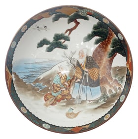 Antique Kutani Charger Bowl: Meiji Era Japanese Porcelain, Signed