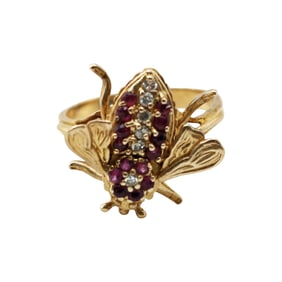 Vintage 14k Gold Bee Ring with Ruby and Diamond Accents