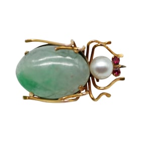 14K Gold Jade Beetle Brooch: Mid-Century Pearl & Ruby Insect Pin