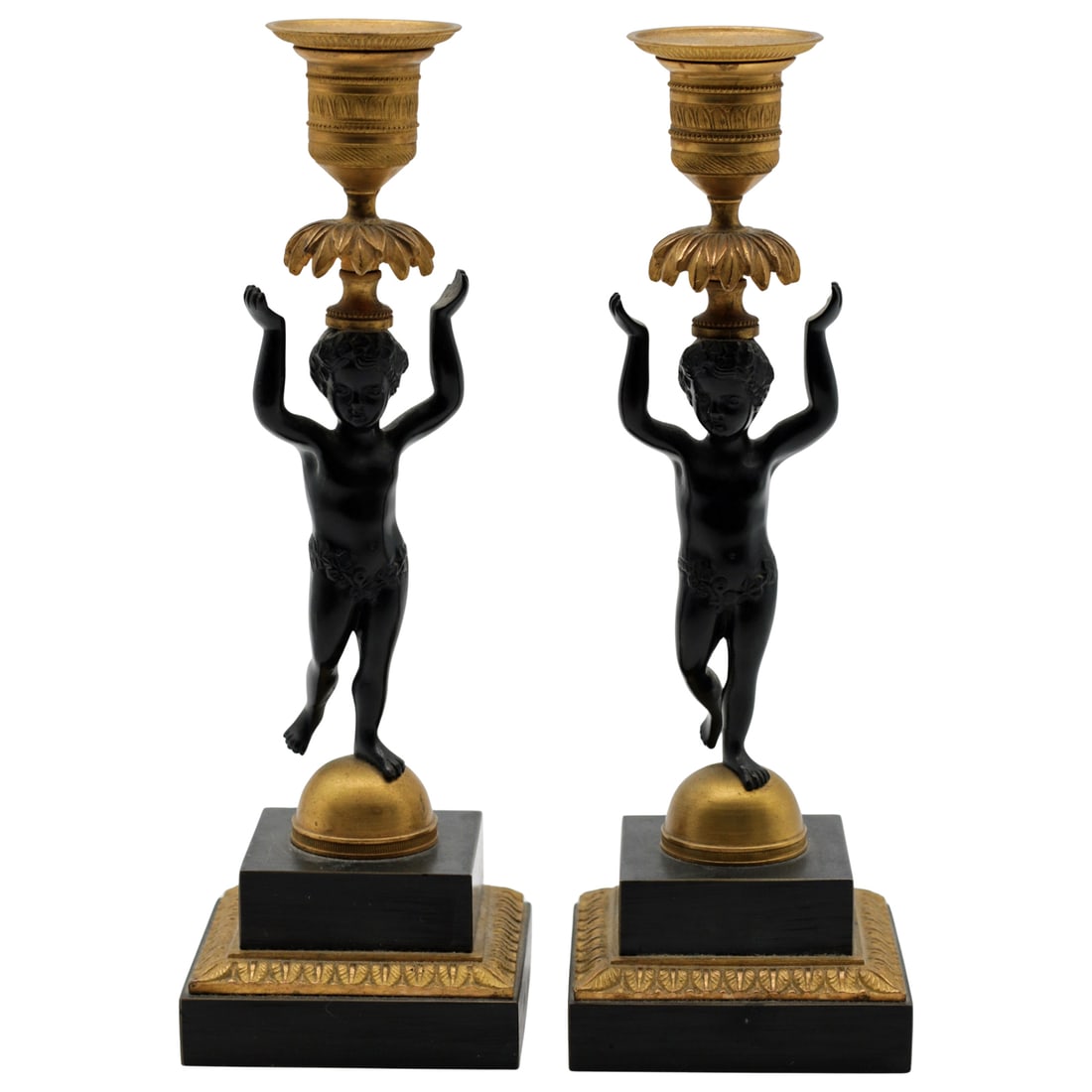 Antique Bronze Putti Candlesticks: Austrian Neoclassical Empire Style (1 of 6)
