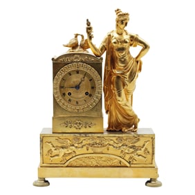Antique French Empire Style Gilt Bronze Figural Mantel Clock