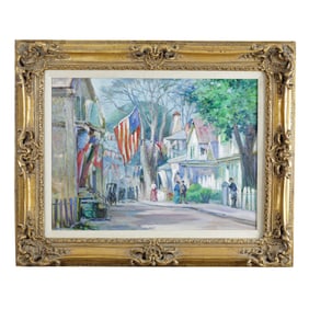 Edgartown Street Lined with Flags - Framed Oil on Canvas