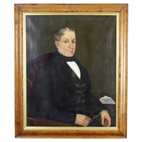 Portrait of a Gentleman with Letter, American School, c. 1840 — with period maple ogee veneer