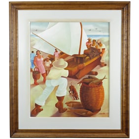 Fishermen Landing Boat with Catch, Oil on Linen, Jaime Mendes