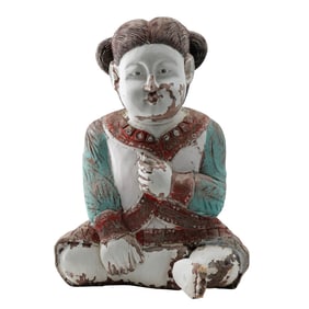 Carved and polychromed wood figure of a tongzi - a temple boy attendant.