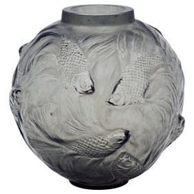 René Lalique “Formose” Vase,  Swarming Carp in Relief, Grey/Crystal