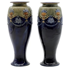 Antique Royal Doulton Lambeth Vases by Florrie Jones (Pair), c. 1905–1915