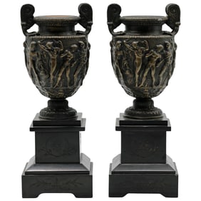 Grand Tour Bronze Urns On Slate Bases, Bacchanalian Relief, Pair