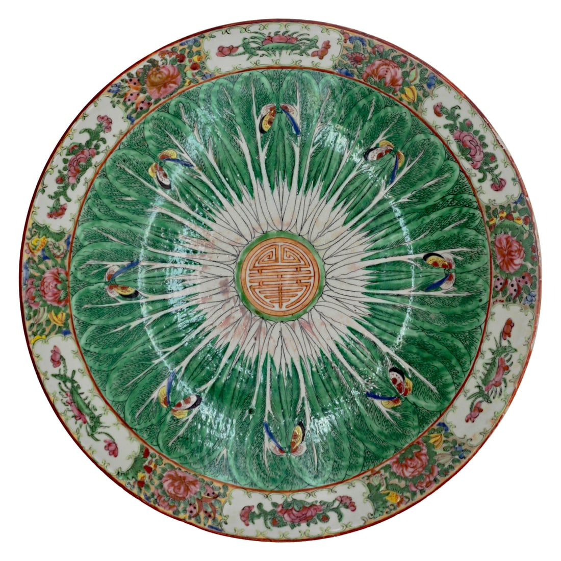 Chinese Export Rose Medallion Cabbage and Butterfly Charger, late Qing, c. 1870 to 1890 (1 of 6)