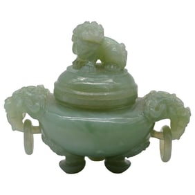 Vintage Chinese Nephrite Jade Censer with Foo Dog Lid - Tripod Form, Loose-Ring Handles