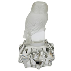 Lalique France Frosted Crystal Owl on Clear Faceted Base, c. 1970-1990