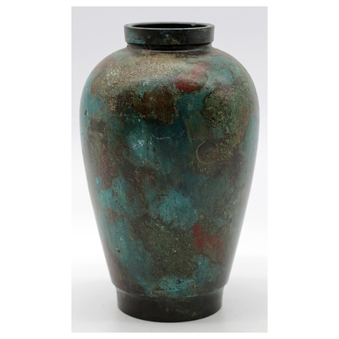 Vintage Japanese Bronze Vase with Verdigris Patina, Early Sh wa, c. 1930s-1940s: Handsome Japanese bronze vase of compact ovoid form with rolled rim and inset foot, exhibiting a rich mottled verdigris surface in teal, jade, and russet tones. Unmarked export type typical of early S