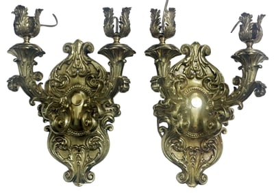 Pair of Antique French Rococo Cast Brass Two-Light Wall Sconces, c. 1875-1895