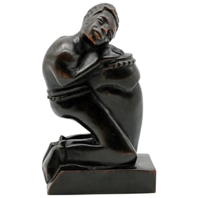 Vintage Caribbean Hand-Carved Wood Drummer, Signed C. Simeon, c. 1950