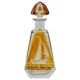 Mid-Century Amber-Cut-to-Clear Crystal Nautical Decanter with Lighthouse and Sailboat Engraving, c.