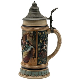 1 Liter German Beer Stein, High-Relief Tavern Scene, Marked Germany