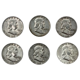 Lot of 6 Franklin Half Dollars (1951, 1954, 1954, 1958, 1959, 1963)