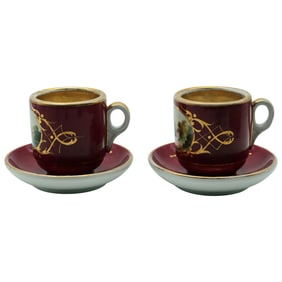 Old Paris Porcelain Cabinet Cups with Saucers – Hand-Painted Scenic Cartouches