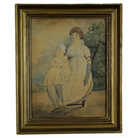 Late 18th Century Naive Watercolor Portrait Of Mother And Child Circa 1795-1805 Framed