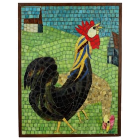Vintage American Folk Art Mosaic Rooster and Hen by Thomas Wells Harland, 1959