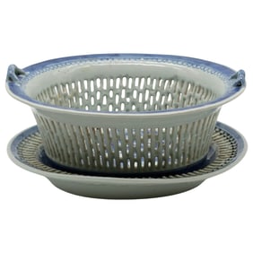 Antique Chinese Canton Blue And White Reticulated Fruit Basket And Stand