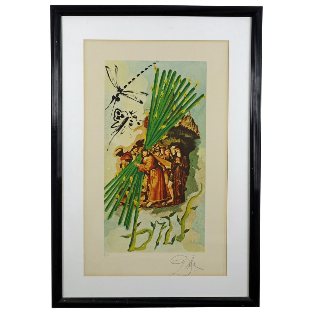 Salvador Dali Ten of Staves Chromolithograph Signed and Numbered: Summary Salvador Dali Ten of Staves chromolithograph from the celebrated Dali Tarot series, signed and numbered in pencil. This framed work presents Dali's surreal reinterpretation of the traditional