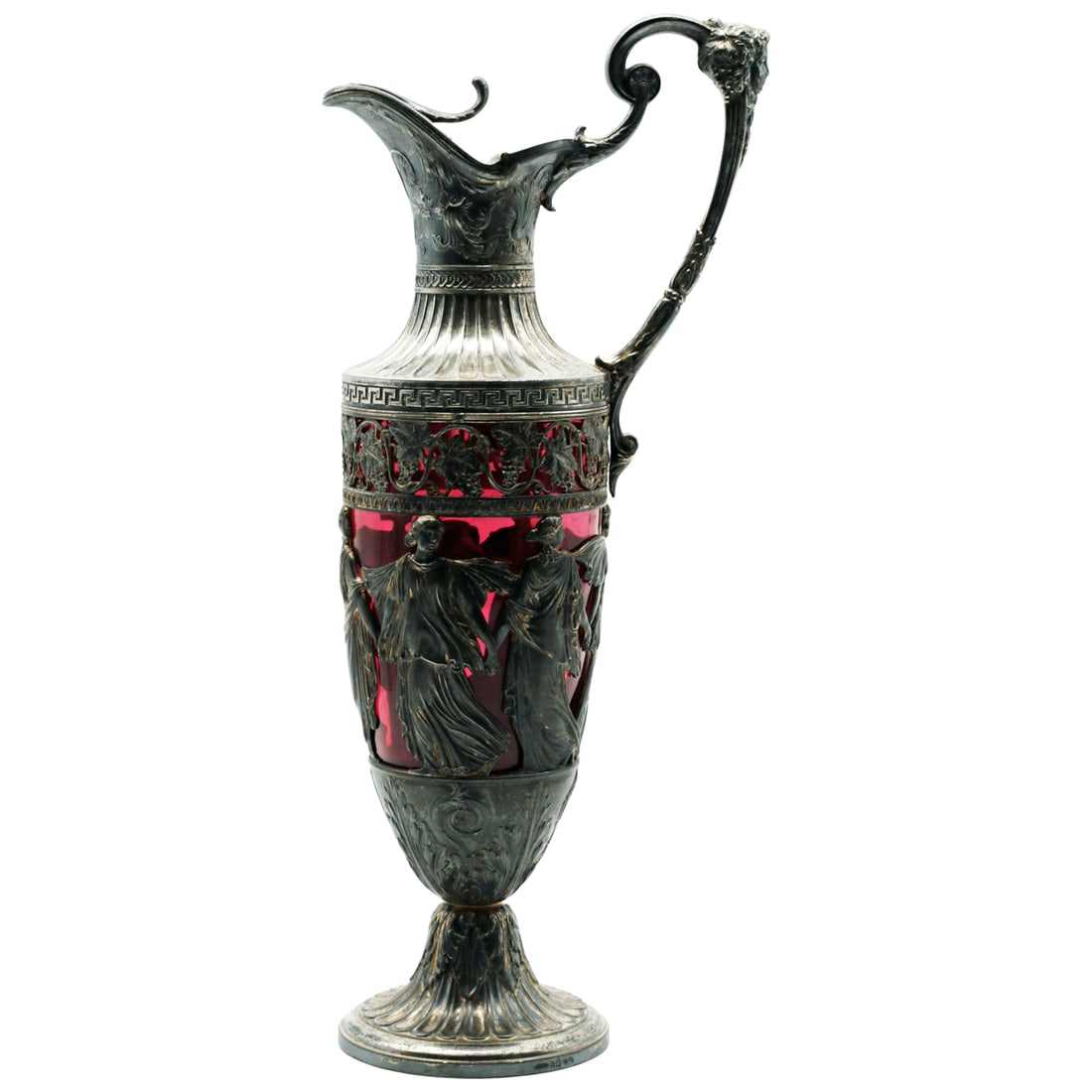 WMF Parcel-Gilt Silverplate & Ruby Glass Ewer: Bacchantes Frieze, c.1900 (1 of 8)