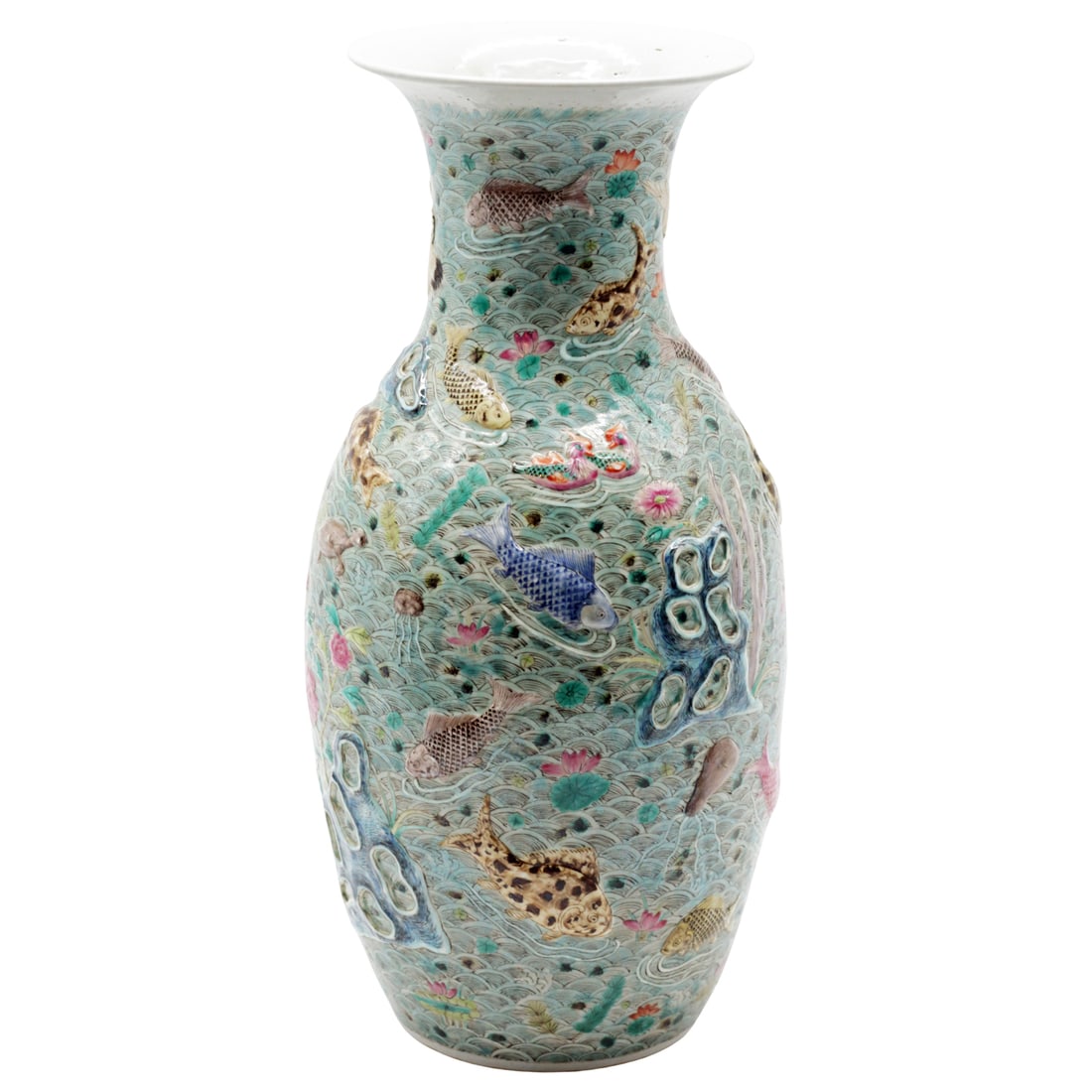 Large Antique Chinese Famille Rose Porcelain Vase a Hand-Painted Koi & Aquatic Life (1 of 10)