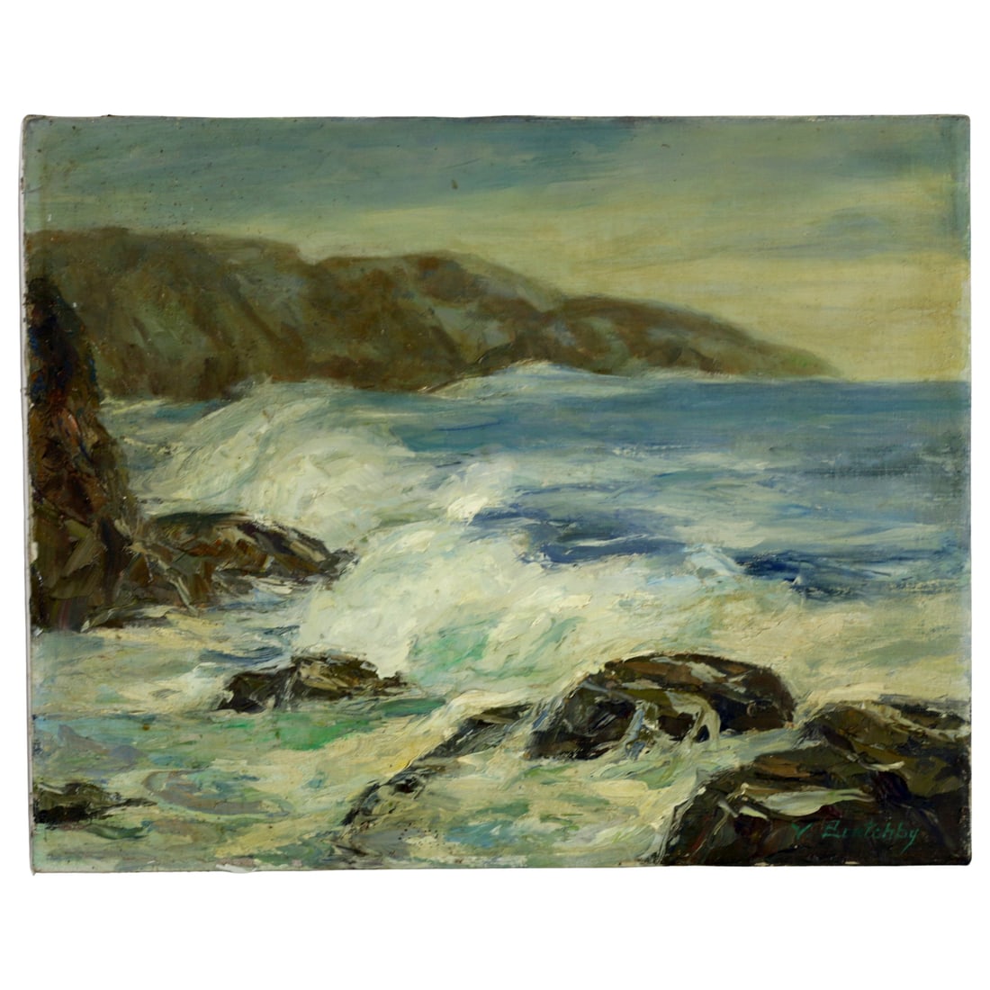 Vintage Laguna Beach Seascape Oil Painting by Vivian Renee Burtchby: Summary Original mid century oil on linen seascape depicting waves breaking against rocky outcrops along the Laguna Beach coastline. Signed lower right V. Burtchby and titled Laguna Beach Seascape on