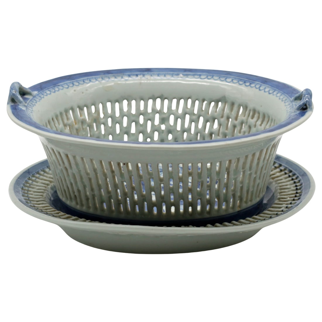 Antique Chinese Canton Blue And White Reticulated Fruit Basket And Stand (1 of 10)