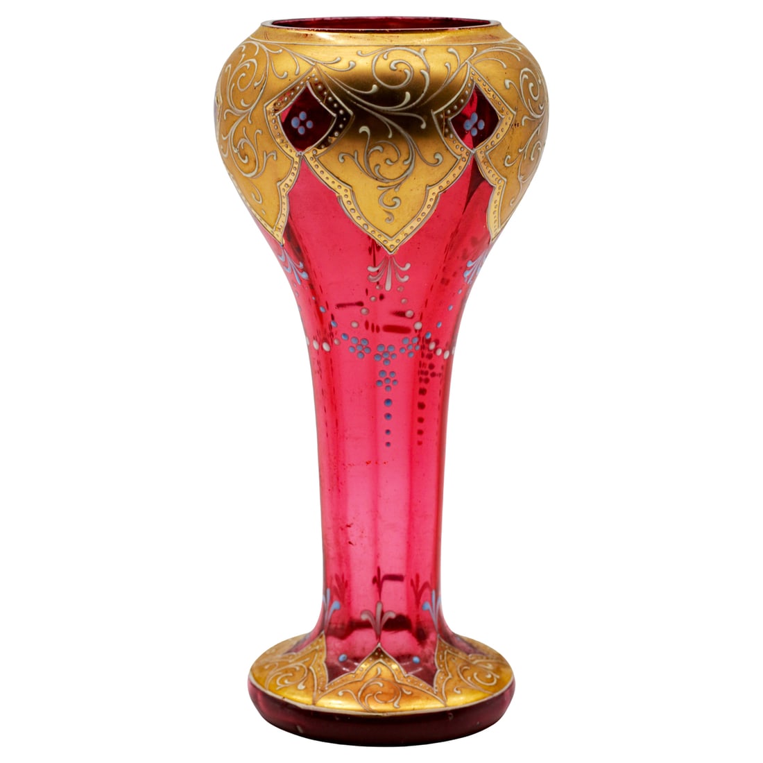 Antique Bohemian Cranberry Glass Vase with Raised Gilding and Enamel, Attributed to Moser (1 of 5)