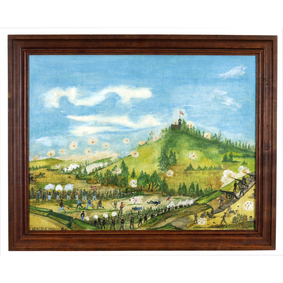 Battle Of Kennesaw Mountain Folk Art Painting: Summary Original American folk art oil on canvas depicting the Battle of Kennesaw Mountain, Georgia. The scene presents Union and Confederate forces advancing across rolling green hills beneath artill