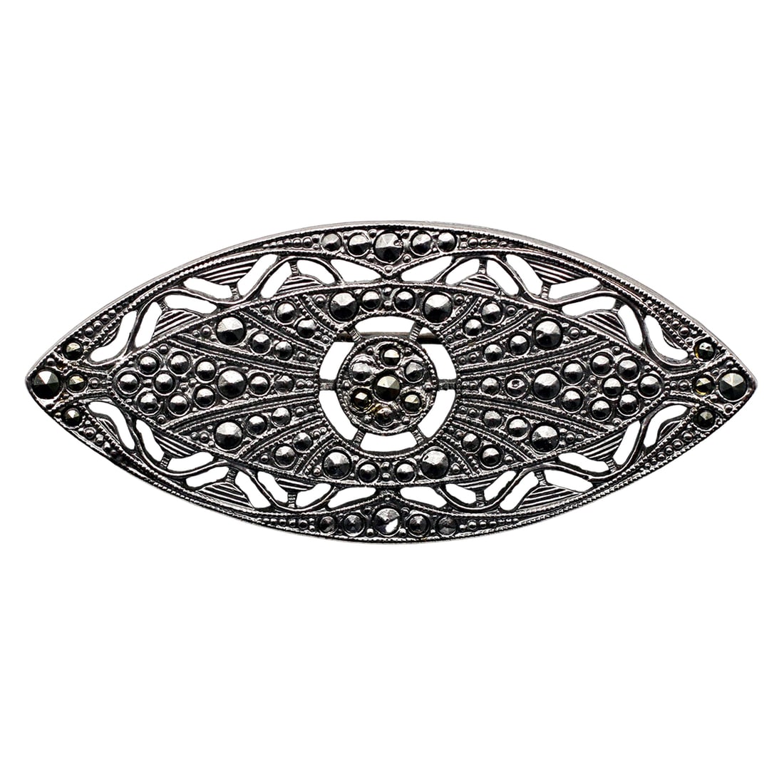 Art Deco Marcasite Navette Brooch in Silver Tone Openwork Mount (1 of 3)