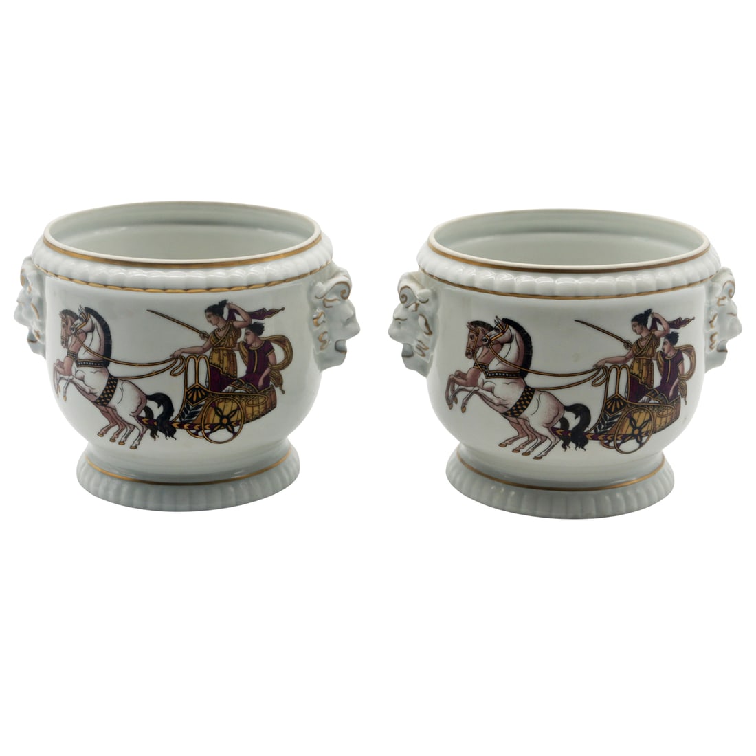 Pair of French Porcelain Cachepots with Classical Chariot Scenes and Lion Masks (1 of 6)