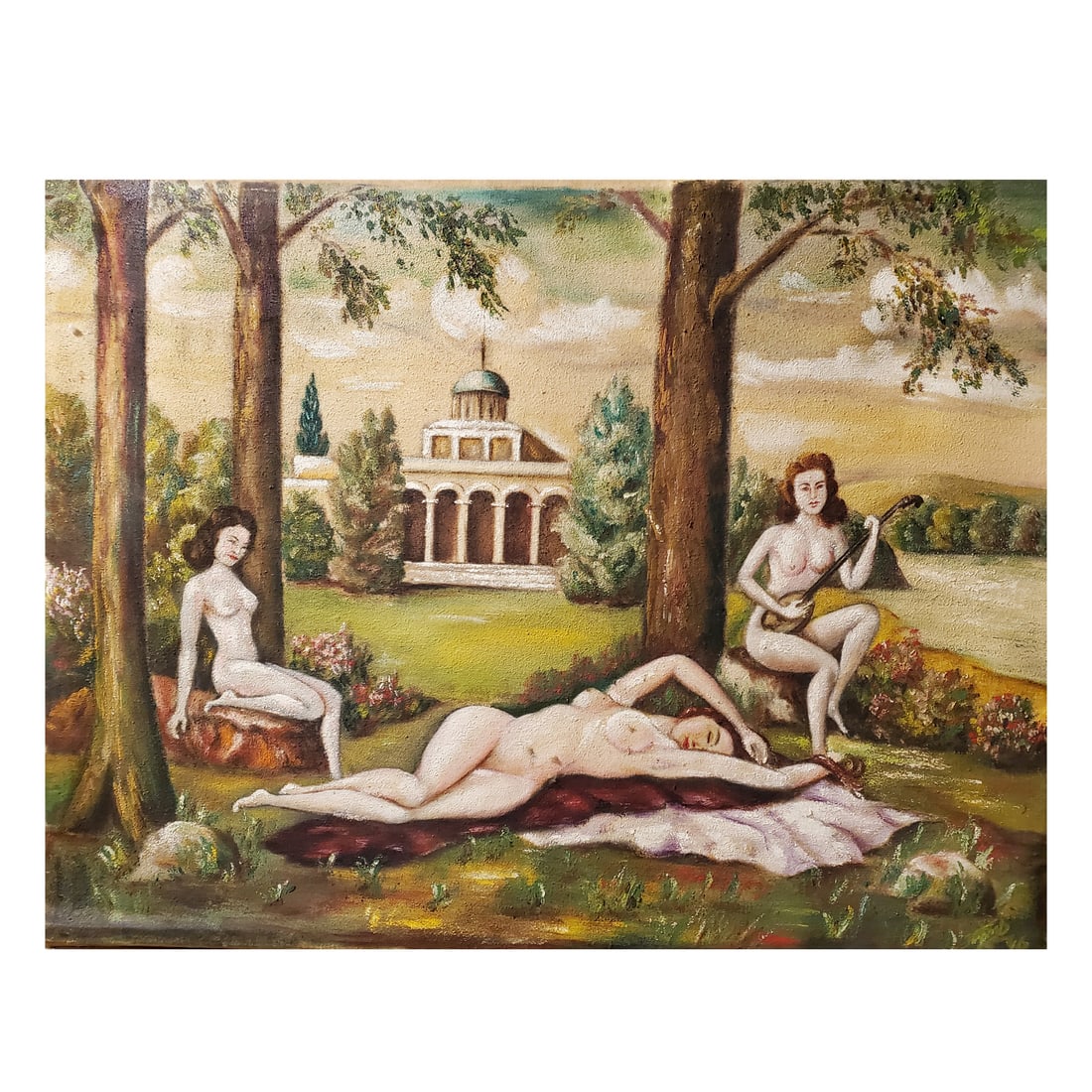 Three Graces Style Figural Landscape Painting: Identification Oil on canvas painting depicting a Three Graces style figural composition with nude female figures in a classical landscape setting, including architectural pavilion and pastoral elemen