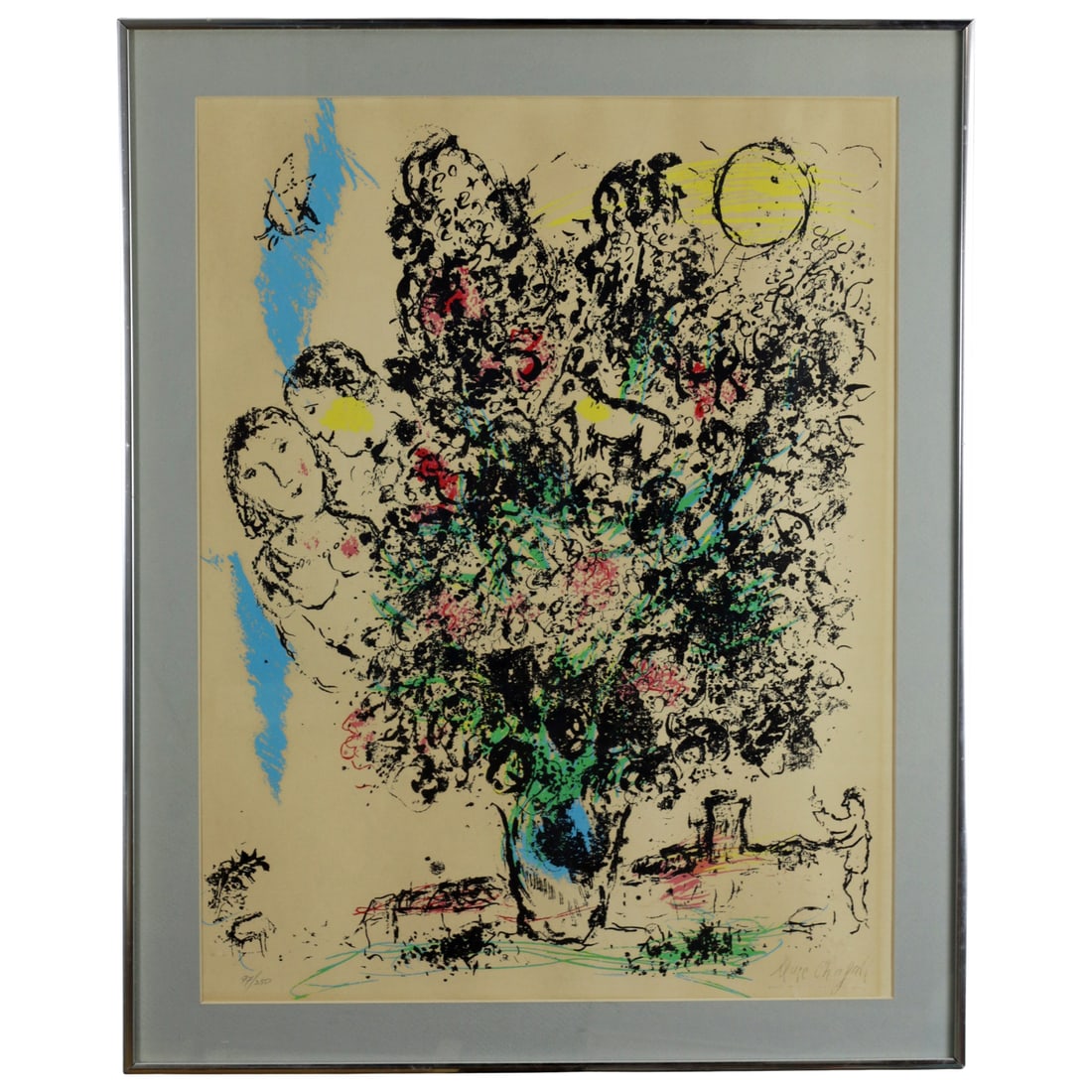 After Marc Chagall - Figural Bouquet Composition: Identification After Marc Chagall, color serigraph on paper, 20th century, depicting a whimsical figural bouquet composition with floating figures and expressive line work in the manner of the artist.