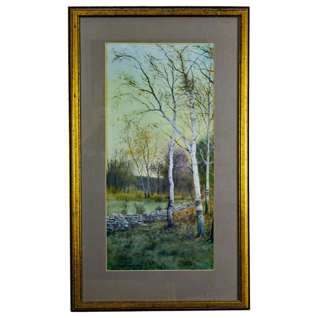 George Howell Gay - Signed Watercolor Landscape, Birches and Stone Wall (1 of 4)