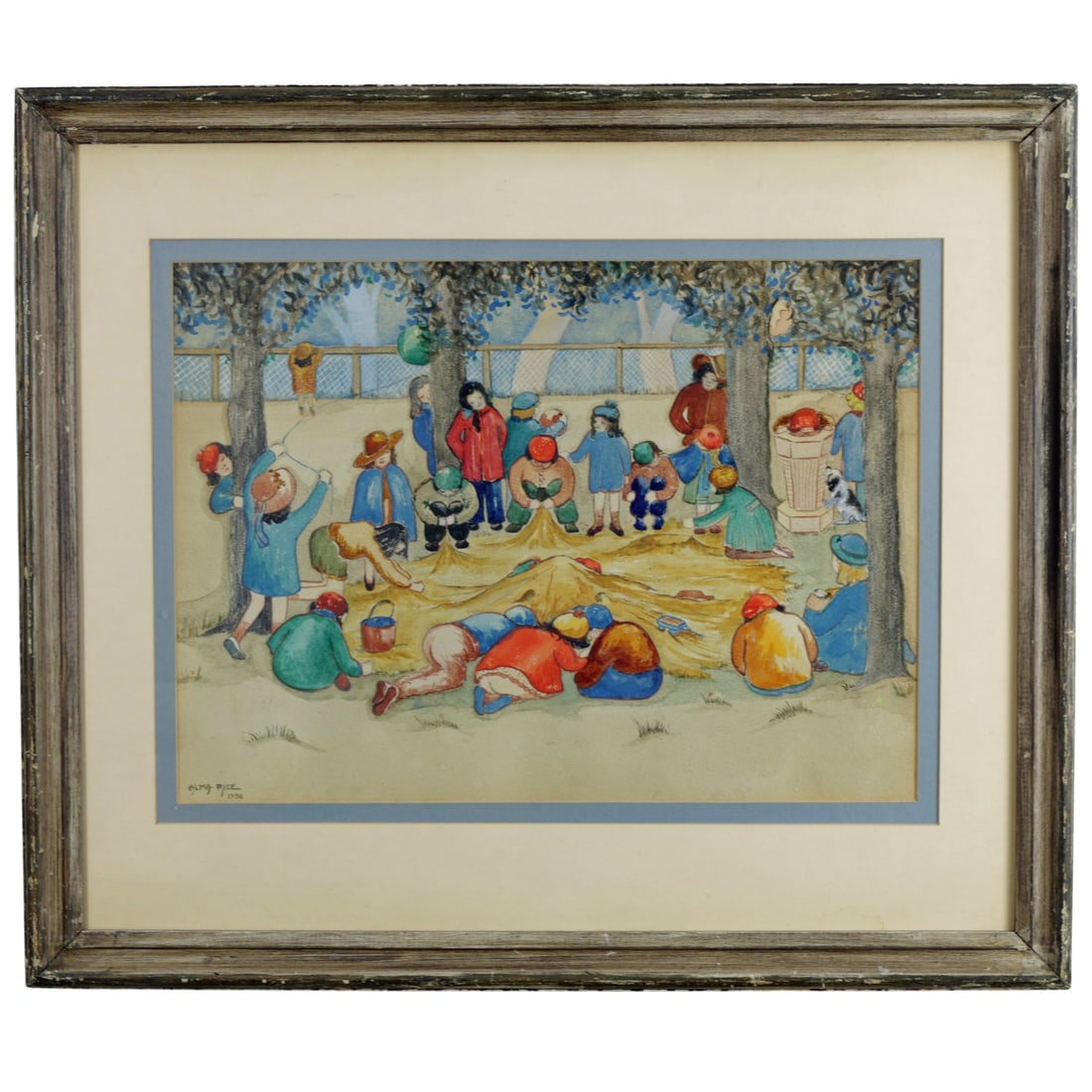 Alma Rice - Watercolor Playground Scene, Dated 1938 (1 of 4)