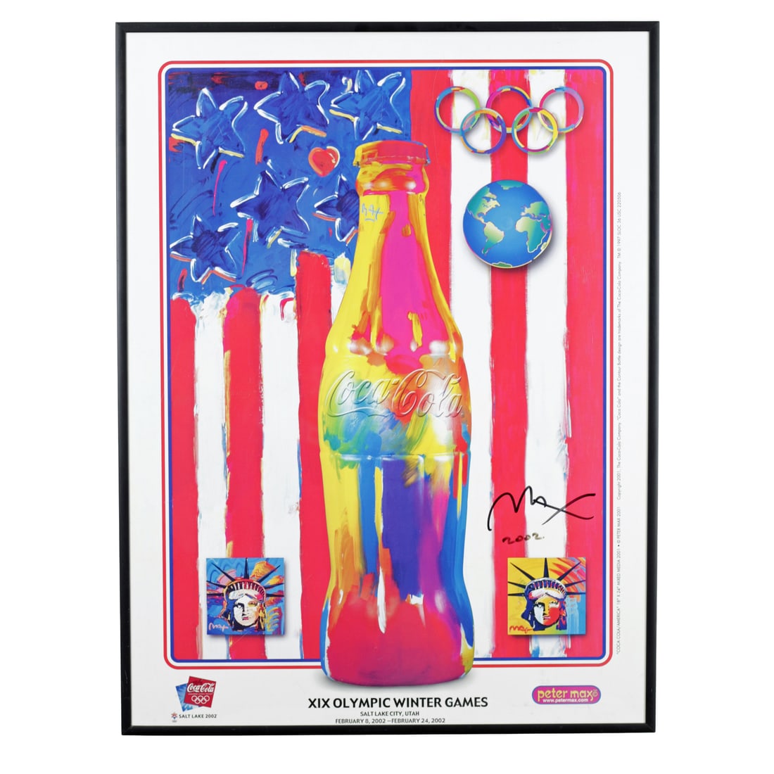 Signed Peter Max 2002 Winter Olympics Coca-Cola Print: Identification After Peter Max, American, contemporary, a 2002 mixed media style offset lithographic poster created in conjunction with the XIX Olympic Winter Games, Salt Lake City. The composition re